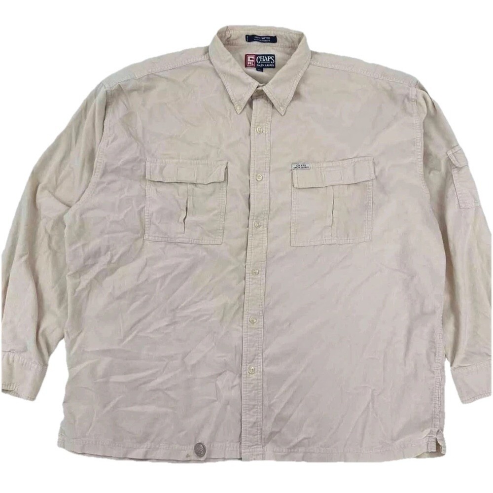 VTG Ralph Lauren Chaps Corduroy Shirt Mens XXL Tan Cream Soft Cotton Safari READ